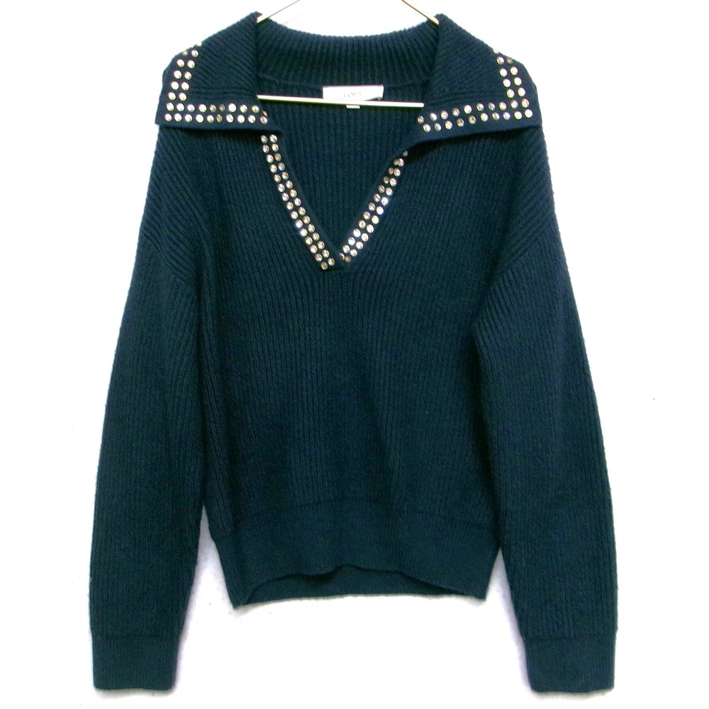 Loft Navy Blue Ribbed Studded V-Neck Spread Collar Pullover Sweater Medium